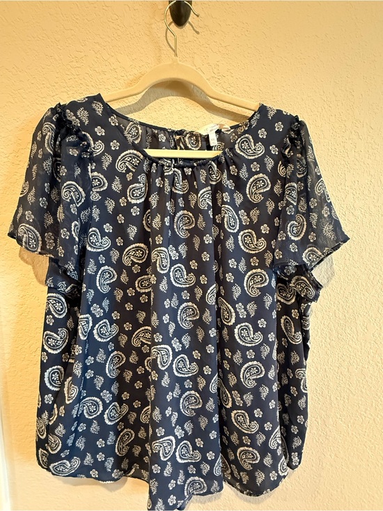 LC Lauren Conrad Tops - LC Lauren Conrad Blue Paisley Blouse Split Ruffle Sleeve Top Size XXL